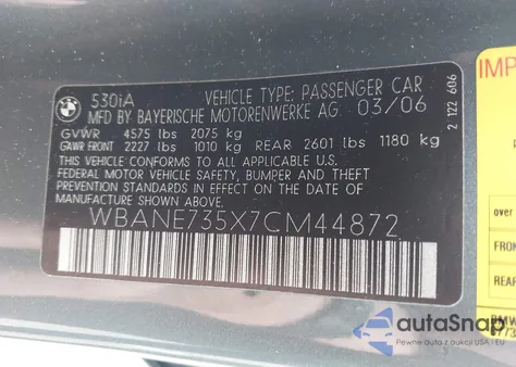 2007 BMW 530I from USA, damaged, VIN WBANE735X7CM44872